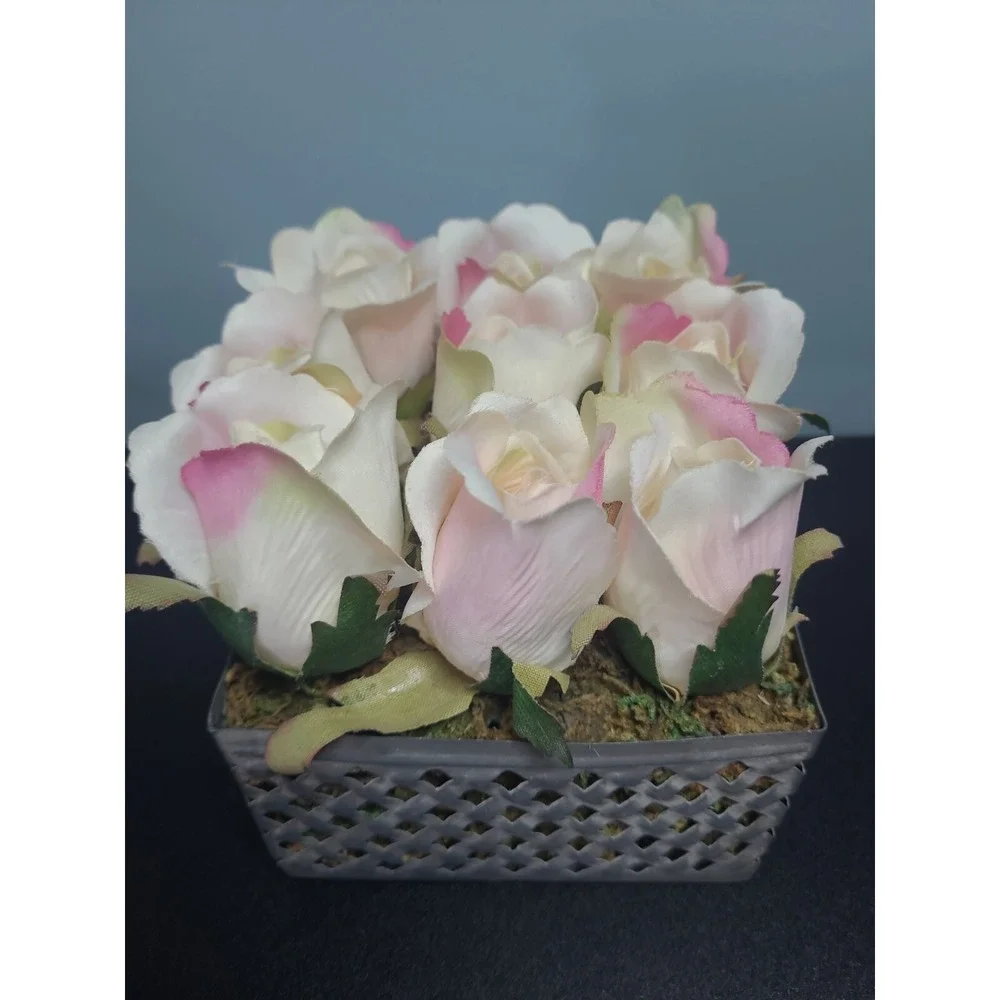 Vintage Artificial 9‎ Pink Roses Arrangement In Metal Basket